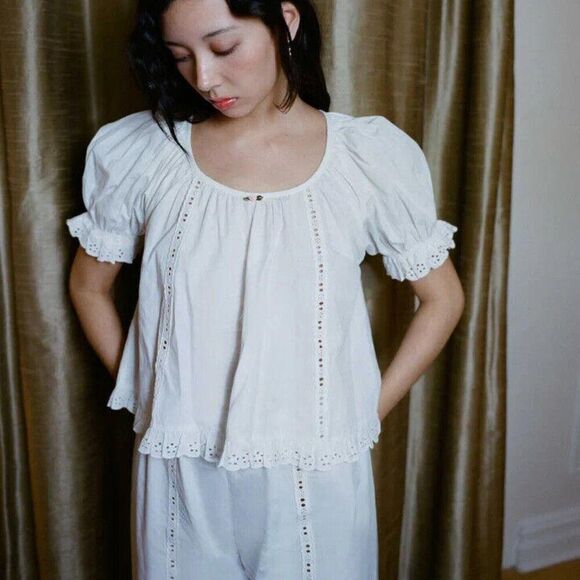 Sandy Liang Toonie Blouse Top Eyelet Embroidered Lace White Cotton XL New 270431